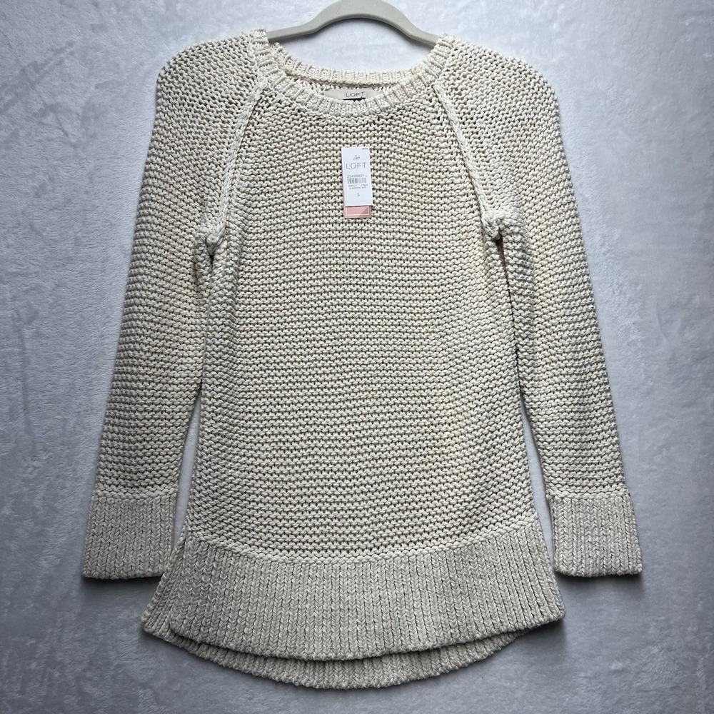 Loft Crew Neck Chunky Open Knit Sweater Womens Small Cream Fall NEW